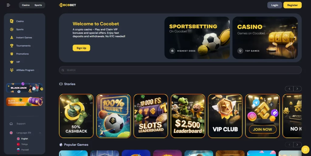 CocoBet crypto-only non GamStop casino lobby interface