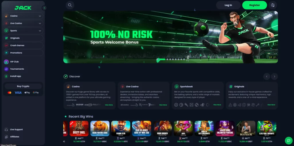 JACK casino non GamStop interface showing crypto sportsbook and game category navigation