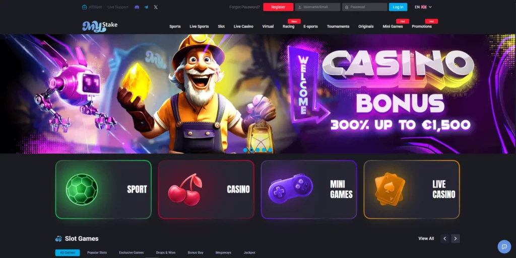 MyStake non GamStop casino game lobby and navigation interface